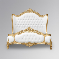 Lit en bois de Java de luxe, sculpté à la main, en acajou massif, finition feuille d'or, capitonnage blanc, moderne, plusieurs tailles disponibles