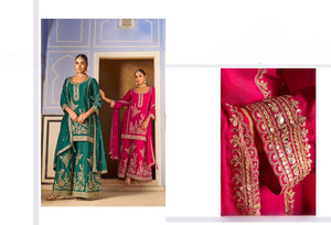 Premium Chinon Silk Palazzo <b>Suit</b> With Embroidered & Mirror Work Perfect <b>For</b> Adult Pakistani Clothing - Product Image 4