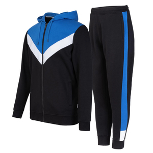 Ensemble de survêtement pour homme avec sweat-shirt à capuche zippé et pantalon de jogging, color block noir, bleu, blanc, sportif, manches longues, pour l'automne - Product Image 1