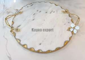 Wholesale Handmade Decorative Round Marble <b>Gold</b> <b>Tray</b> with Designer Metal Handle for Food Serving - Product Image 6