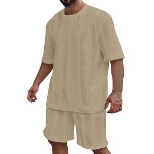 Ensemble short à manches courtes en jacquard à col rond de couleur unie pour homme, ensemble 2 pièces pour le sport et les loisirs - Product Image 3