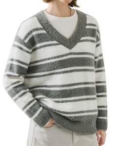 Customized Grey <b>White</b> Striped <b>Women</b> V Neck Knit Sweater Soft Fuzzy Fabric Long Sleeve Winter Casual Pullover Fashion Top - Product Image 5