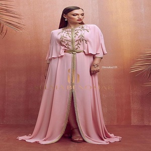 Robe kaftan en mousseline de soie noire à col en V, manches trois quarts, ornée de perles, longueur au sol, style classique - Product Image 3