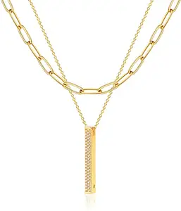 时尚饰品双层棒水晶吊坠不锈钢项链珠链回形针链链18k镀金
