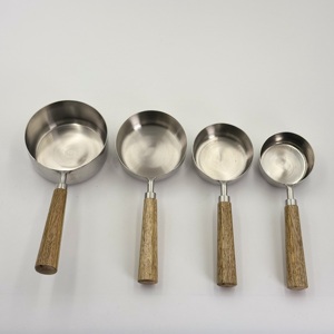 Premium Stainless Steel Silver Measuring Cup 4 Set with Mango <b>Wood</b> Handles for Kitchen Cooking and Baking - Product Image 1