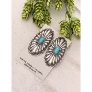 Boucles d'oreilles Rita Lee Kingman en turquoise et argent sterling, motif floral, style concho, pendantes - Product Image 3