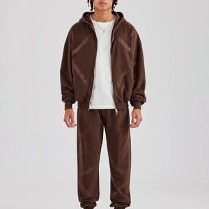 Ensemble deux pièces vintage personnalisé pour homme, sweat-shirt à capuche et pantalon de jogging imprimé avec des strass, lavage à l'acide, pantalon de survêtement évasé - Product Image 1