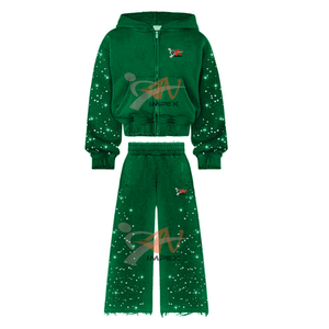 Ensemble de survêtement unisexe en deux pièces avec pantalon de survêtement à pattes évasées et sweat à capuche zippé, orné de strass de haute qualité, effet délavé à l'acide, style vintage - Product Image 6