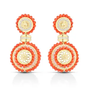 925 earring 750 gold plated made in italy in a shape of double circle whit coral shperes and zircons