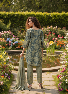 Ensemble coordonné élégant à imprimé floral pour femmes, kurta ethnique contemporain à coupe asymétrique, pantalon assorti, écharpe, tenue de soirée, polyester, séchage rapide - Product Image 4