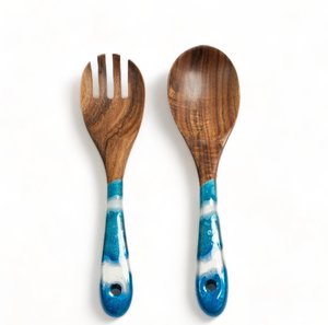 Cuchara de madera y resina Diseño de sombra azul cielo y blanco Servidor de ensalada artesanal con juego de cuchara de postre de pastel - Product Image 1