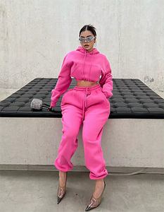 Custom Blank Fleece Pullover Oversize Hoodies Set Women Wholesale Two Piece <b>Crop</b> Top and Sweat <b>Pants</b> Set for Women - Product Image 4