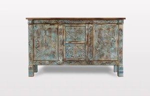 Handmade Modern Carved Mango Wood <b>Sideboard</b> Farmhouse Dining 3-Door Cabinet Storage <b>for</b> Living Room Bathroom Bedroom Hotel - Product Image 3