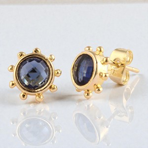 925 Sterling Silver 6mm <b>Blue</b> Iolite Quartz Gemstone <b>Stud</b> <b>Earrings</b> - Gold Plated Fancy <b>Stud</b> - Wholesale Handmade Jewelry Supplier - Product Image 1