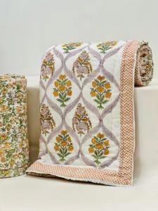 Handmade Beautiful yellow Floral hand block print kantha quilt bohemian <b>throw</b> blanket <b>Indian</b> Room Decor Bedspread - Product Image 2