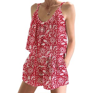 Conjunto de Pijama Corto con Mangas con Volantes Estilo Boho Hippie para Mujer, Algodón Indio, Primavera/Verano, Floral, Ajustado, con Tirantes, Sin Mangas - Product Image 1