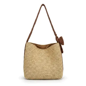 Bolso de hombro hecho a mano para mujer con decoración de lazo, estilo bohemio, para uso diario en verano, parte superior abierta, correa única, beige y marrón - Product Image 3