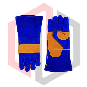 ถุงมือหนังสีน้ำเงินสำหรับงานเชื่อม  บุด้วยวัสดุเสริมความแข็งแรงสีน้ำตาลบริเวณฝ่ามือ ทนความร้อน ทนไฟ ป้องกันไฟฟ้าสถิต น้ำหนัก 11 ออนซ์ ยาว 14 นิ้ว ปราศจากซิลิโคนและแป้ง - Product Image 4