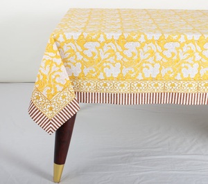 Saffron Yellow and Deep Pruce Indian Floral Handmade Block Printed Cotton <b>Tablecloth</b> Rectangle for Wedding and Dining - Product Image 4