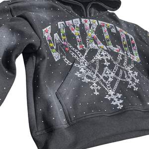 Sudadera con capucha oversize de algodón grueso con lavado ácido vintage para hombre, con logo de diamantes de imitación bordado personalizado, efecto descolorido por el sol, estilo streetwear, de fábrica - Product Image 3