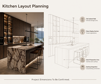 Meuble de cuisine moderne KEJIA avec panneaux en bois foncé, vitrine de rangement en verre et îlot haut cascade pour résidences