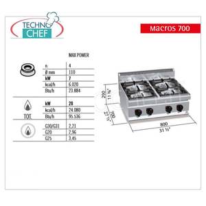 Table de cuisson à gaz 4 brûleurs, 28 kW - Product Image 2