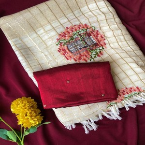 Sari VASTRA COTTAGE Pure Crush Padding con Lentejuelas Blancas y Azules en Toda la Superficie y Bordado con Elegante Ribete Calado - Product Image 1