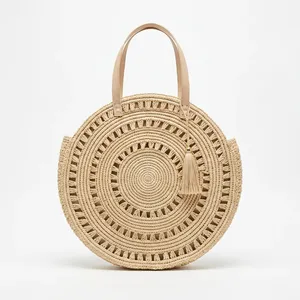 Natural <b>Raffia</b> Woven Round Tote Bag with Tassel Luxury Bohemian Shoulder <b>Handbag</b> Two Straps for Beach Travel up to 1L Capacity - Product Image 2