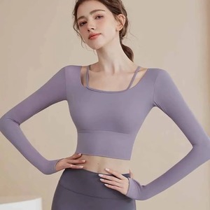 Top corto de manga larga para Fitness para mujer, Camiseta deportiva con copas incorporadas, Jersey sólido, camisetas de gimnasio para Yoga, Pilates, entrenamiento - Product Image 3