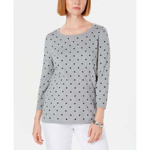 เสื้อสเวตเตอร์ลายจุดสำหรับผู้หญิง Karen Scott ผ้าไหมโมแฮร์ระบายอากาศดี ติดกระดุม ลายพิมพ์  ลำลอง สำหรับฤดูใบไม้ผลิและฤดูหนาว สีเทา ไซส์กลาง - Product Image 1