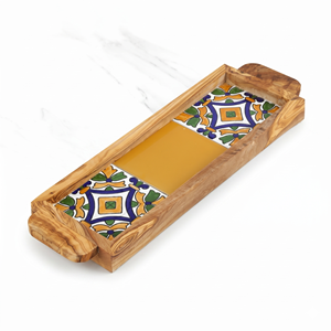 Plateau de service carré personnalisé unique - Plateau ottoman en bois d'olivier et céramique pour un style de table basse tendance - Product Image 1