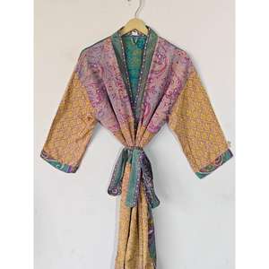 ชุดเดรสผ้าไหมอินเดียสำหรับผู้หญิง, ชุดกิโมโนผ้าไหมคลุมคลุมอาบน้ำเปิดเข็มขัดดอกไม้ให้ความอบอุ่นคอวีชุดนอนสำหรับฤดูใบไม้ผลิฤดูใบไม้ร่วง - Product Image 3