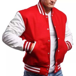 Vestes pour hommes en laine rouge avec manches en cuir blanc, vêtements pour hommes, vestes universitaires personnalisées OEM - Product Image 1