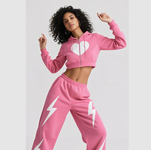 2025 Sudadera personalizada con capucha recortada y cremallera pesada Conjunto de dos piezas con estampado DTF Chándales para mujer - Product Image 1