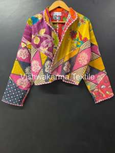 Vintage <b>Kantha</b> Cotton Quilted <b>Jacket</b> Women Short Handmade Autumn Winter Coat Artisan Crafted Reversible - Product Image 3