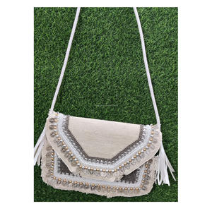 Sac à main de soirée en jute de style bohème indien pour femmes, fermeture à glissière, grande capacité, fait main, avec perles - Product Image 3