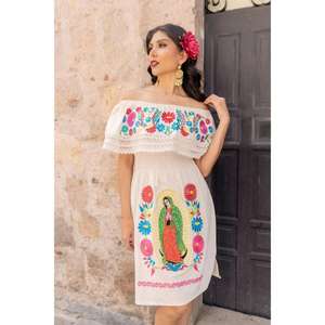 Vestido Blanco de Mujer con Hombros Descubiertos, Bordado Mexicano, Lavable, con Estampado de la Virgen de Guadalupe, Estilo Bohemio Tradicional de Verano - Product Image 1