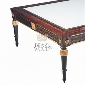 โต๊ะกาแฟทรงสี่เหลี่ยมหรูหรา ท็อปกระจก พร้อมลายไม้เรขาคณิตประณีตและตกแต่งด้วยสีทอง สำหรับตกแต่งห้องนั่งเล่นสไตล์คลาสสิก - Product Image 4