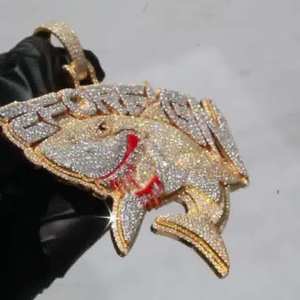 Pendentif requin en argent 925, moissanite glacée, plaqué or 14 carats, bijoux fins, style hip hop, unisexe, testeur de diamants - Product Image 2