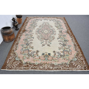 พรมตุรกีโบราณขนาด6.2x9.4ฟุตสีน้ำตาลเบจผ้าทอแบบแบนมีลวดลายเย็บปะติดปะต่อกันสำหรับตกแต่งห้องนั่งเล่นห้องโถง - Product Image 1