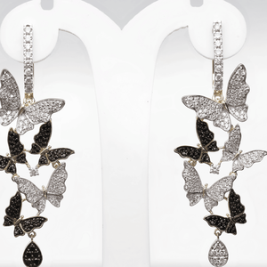 Black White <b>Diamond</b> Butterfly Huggie Hoops Rhodium Plated Symmetrical Elegant Natural Brilliant Cut 14K Gold Women's <b>Earrings</b> - Product Image 1