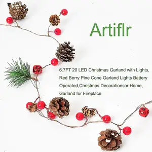 Guirlande de Noël avec lumières de 6,7 pieds, guirlande de pins rouges à 20 LED Guirlande lumineuse à piles pour Hom