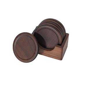 Sous-verre décoratif rond en bois MDF laser noyer bois foncé 6 pièces sous-verre ensemble support inclus décor à la maison sous-verre en bois - Product Image 5