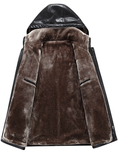 <b>Men's</b> Genuine Leather Moto <b>Jacket</b> Black <b>Sherpa</b> Lining Stand Collar Casual Zipper Closure Winter Windproof Regular Fit - Product Image 5