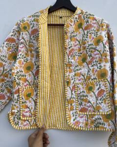 Chaqueta de algodón Kantha acolchada hecha a mano para mujer, estampado Floral, bordado, técnica de punto, soporte Reversible, corto transpirable de invierno - Product Image 4