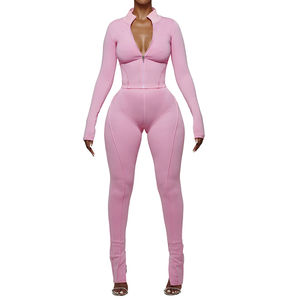 Full Slim Fit Otoño Invierno Dos piezas Terciopelo Conjunto de dos piezas Bolsillo con cremallera Manga larga Traje de mujer Ropa 2 piezas - Product Image 3