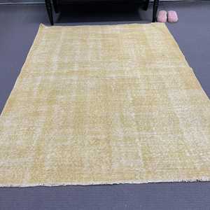 Vintage Turkish Rug, 4.4x5.8 ft Area Rug, <b>Yellow</b> Check Rug - Product Image 2