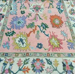 Tapis Oushak rose et vert noué à la main, tapis oriental traditionnel fait à la main-tapis turc authentique pour salon, - Product Image 1