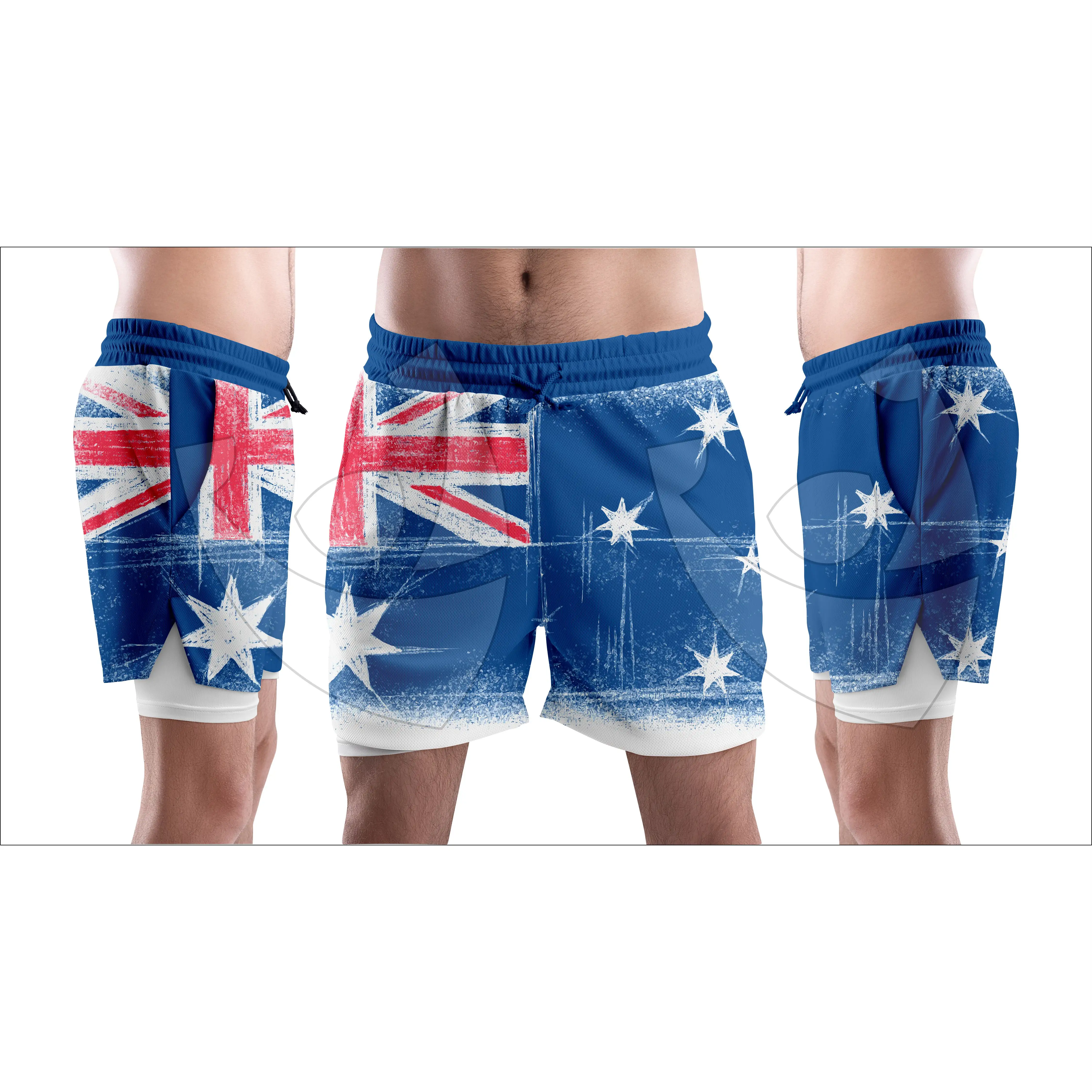 2023 Sublimación de diseño personalizado al por mayor Australia EE. UU. Bandera americana Sublimación Pantalones cortos 100% poliéster 5 pantalones cortos de hombre entrepierna