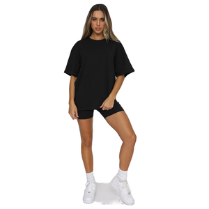 100% coton femmes été 2 pièces surdimensionné ensembles de survêtement personnalisables marques privées à manches courtes T-Shirts Shorts plaine - Product Image 1